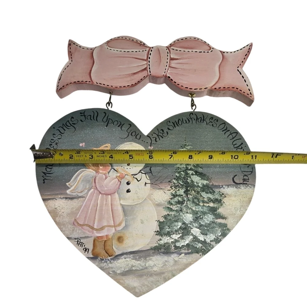 Hand Crafted Winter Decoration Wood Plaque Snowman Angel Blessings Blue Pink